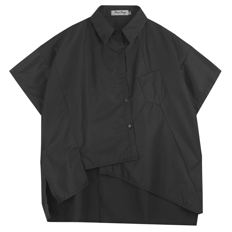 

LANMREM New Women Shirts Personality Stitching Asymmetrical Short Sleeves Loose Fit Simplicity Fashion Tide Summer 2021 2P2101