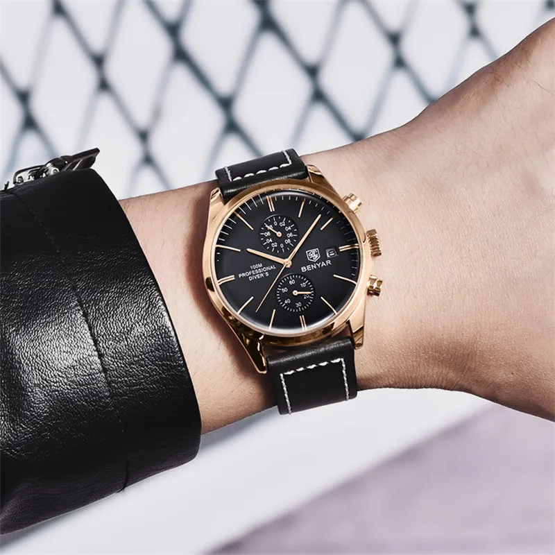 Часы-хронограф мужские водонепроницаемые из натуральной кожи в стиле милитари |