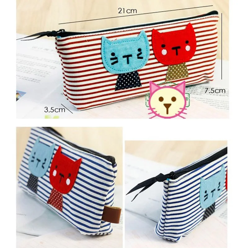 

2021 Lovely Cat Canvas Stripe Makeup Cosmetic Bag Pen Pencil Case Coin Pouch Purses Wallet