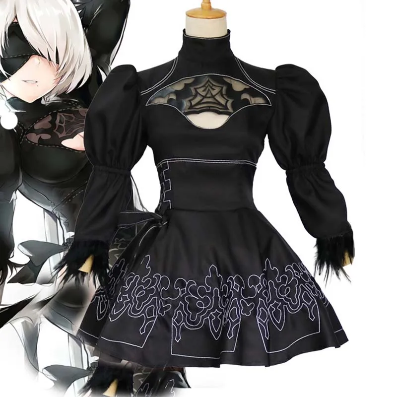 

Женский костюм для косплея Nier Automata Yorha 2B, костюм аниме, костюм для маскировки, нарядный костюм для Хэллоуина, черное платье