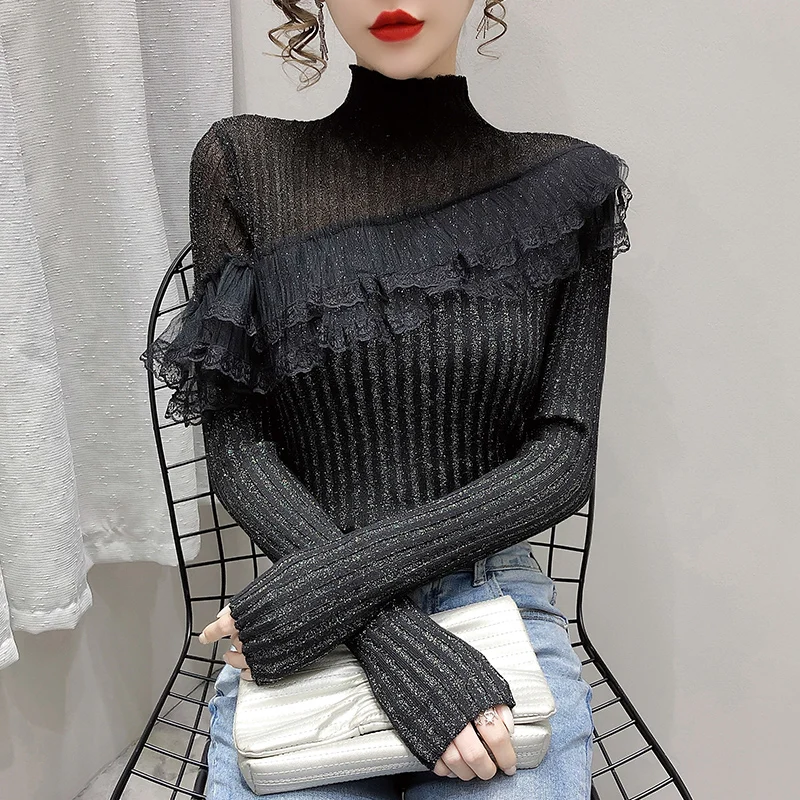 

Women's Ruffled Mesh Stitching Sweater Inner Half-High Collar Bottoming Shirt Spring 2021 New Slim Top