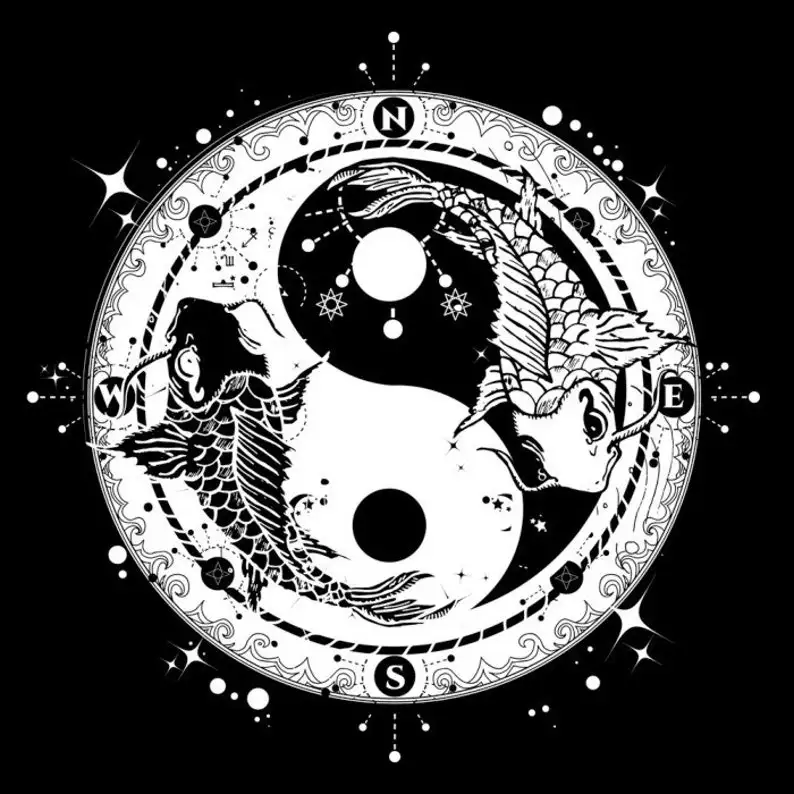 Занавески для душа Yin Yang от Ho Me Lili черно-белые карпы компас водонепроницаемые