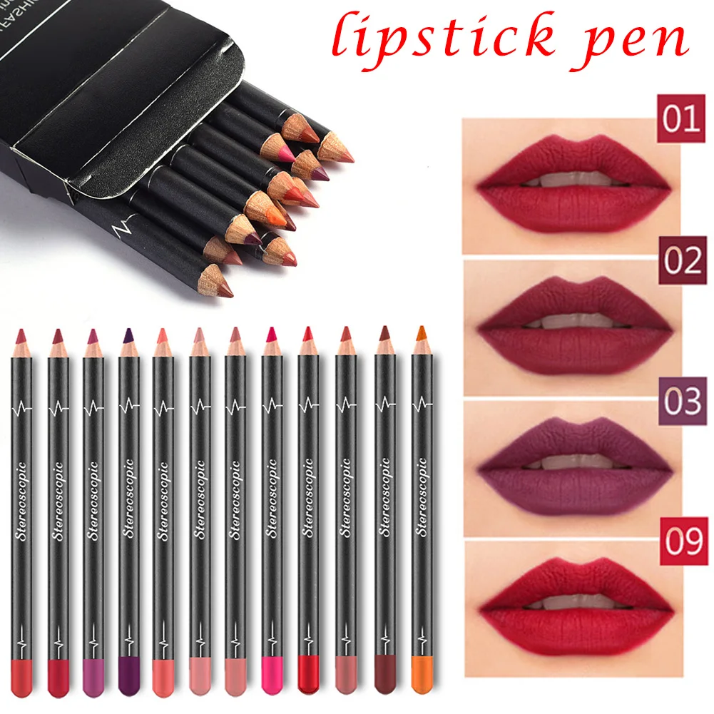 

12 Colors Lip Liner Pencil Waterproof Non-Marking Long Lasting Smooth Matte Velvet Lipstick Pencil NIN668