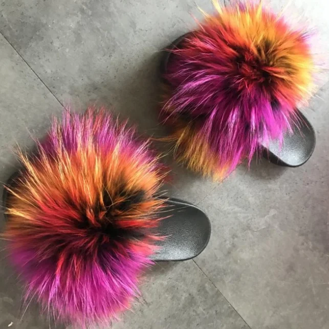 

2020 New Fashion Real Fox Hair Slippers Flip Flops Summer Shoes Beach Slippers Slides Slip On Shoes Furry Slippers