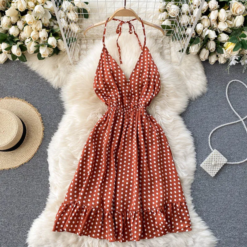 

Bohemia Sexy Deep V-neck Backless Vocation Beach Dress Women's 2021 Summer Polka Dot Print High Waist Ruffled Dress Sundress