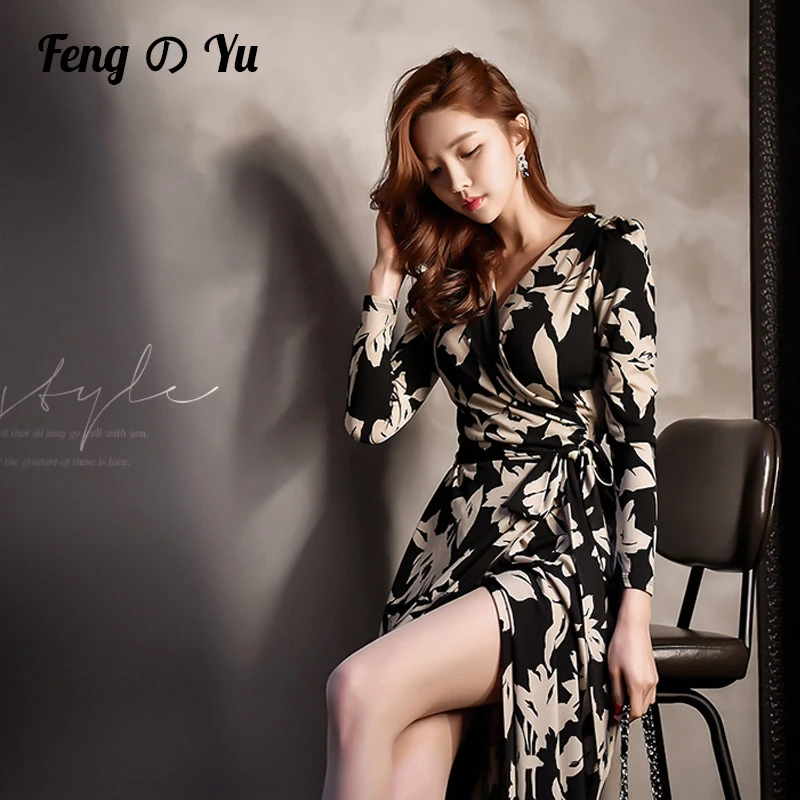 

Autumn Vacation Long Skirt Women's Floral Print Long Chiffon Dress Deep V Neck Wrap With Lace Casual Split Sexy Party Dress Long