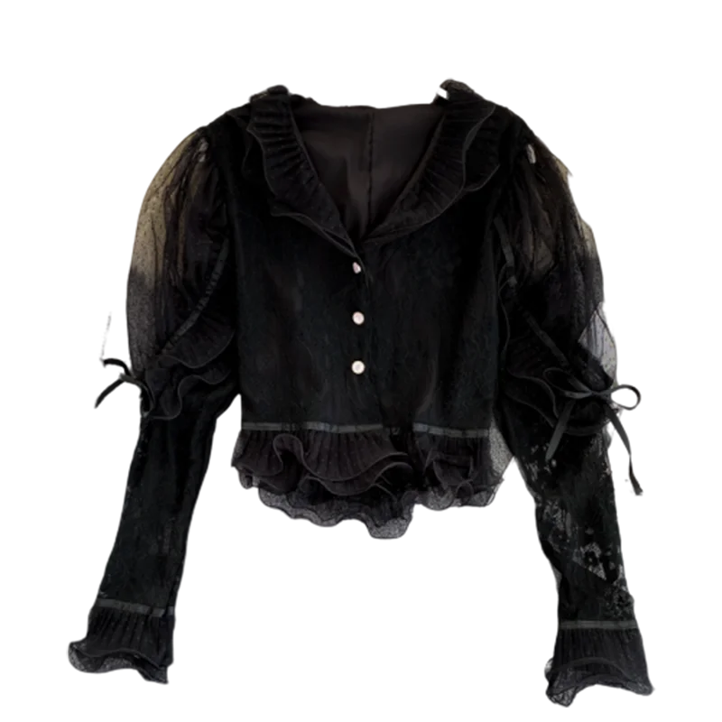 

Women's Lace Shirt Top Spring Autumn Ladies Three-dimensional Ruffled Lace Shirt Top Temperament Net Red Puff Sleeve Top ML701