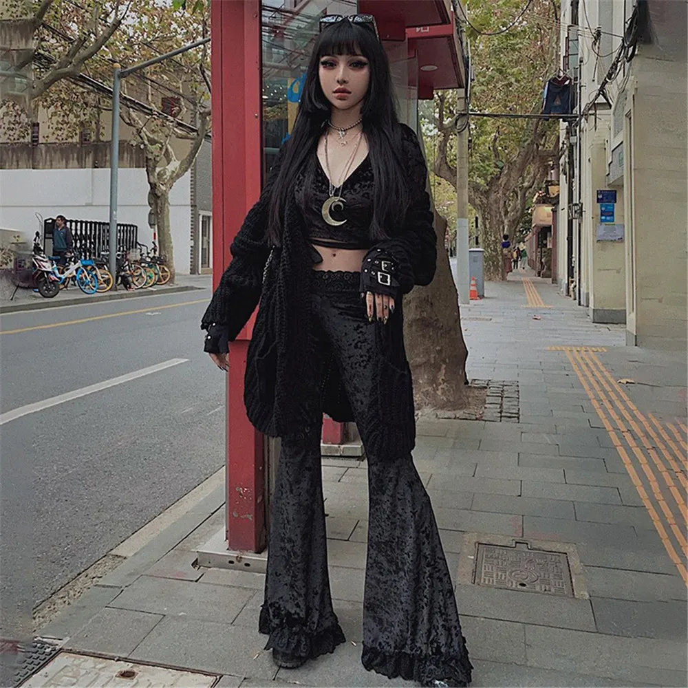 Sexy Fashion Patchwork Lace Solid Flare Pants Women Gothic Dark High Waist Loose Trousers 2021 New Street Suede Pants