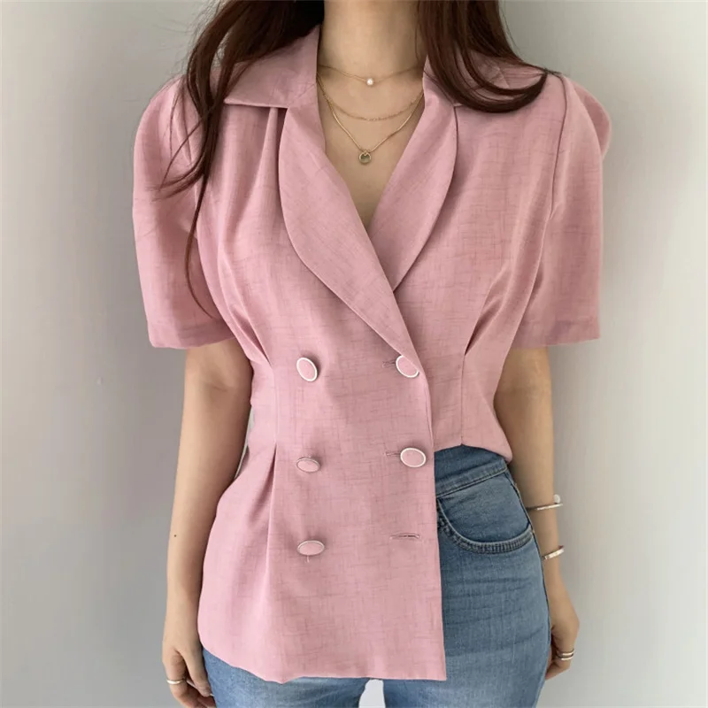 

HziriP Retro Tops Slim Short Sleeves Jackets 2021 Femme Casual Elegant Vintage OL Outwear All Match Office Lady Coats Blazers