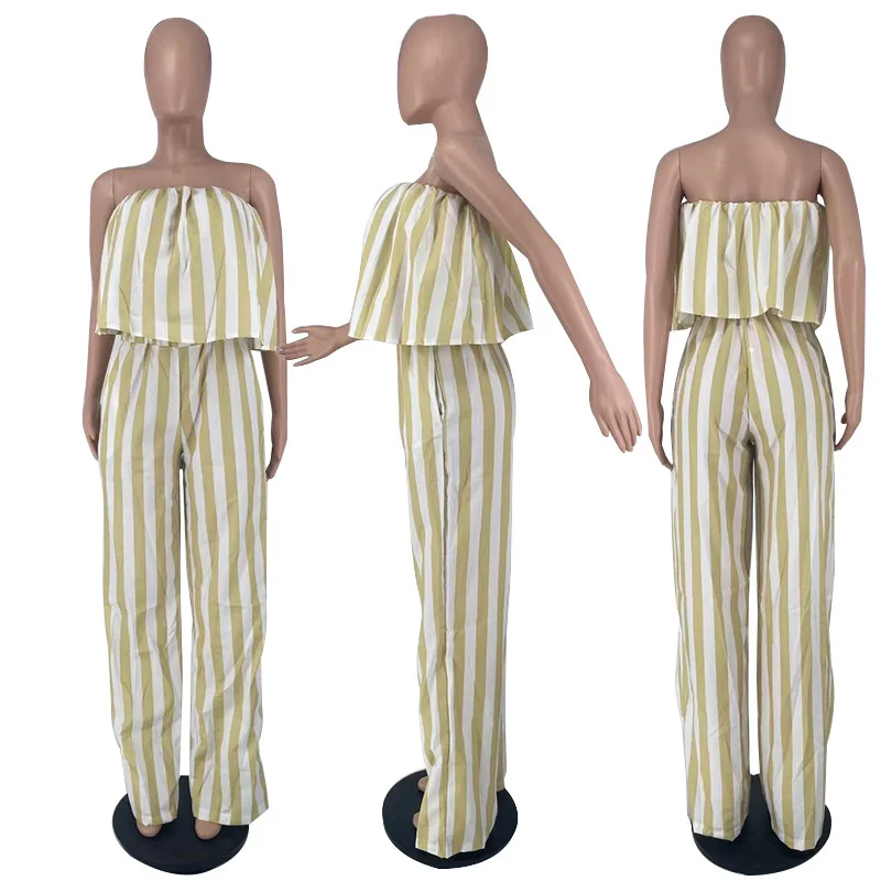 

Adogirl Fashion Casual Striped Two Piece Set Loose Strapless Crop Top High Waist Wide Leg Pants Women Fashion Suit Streetwear