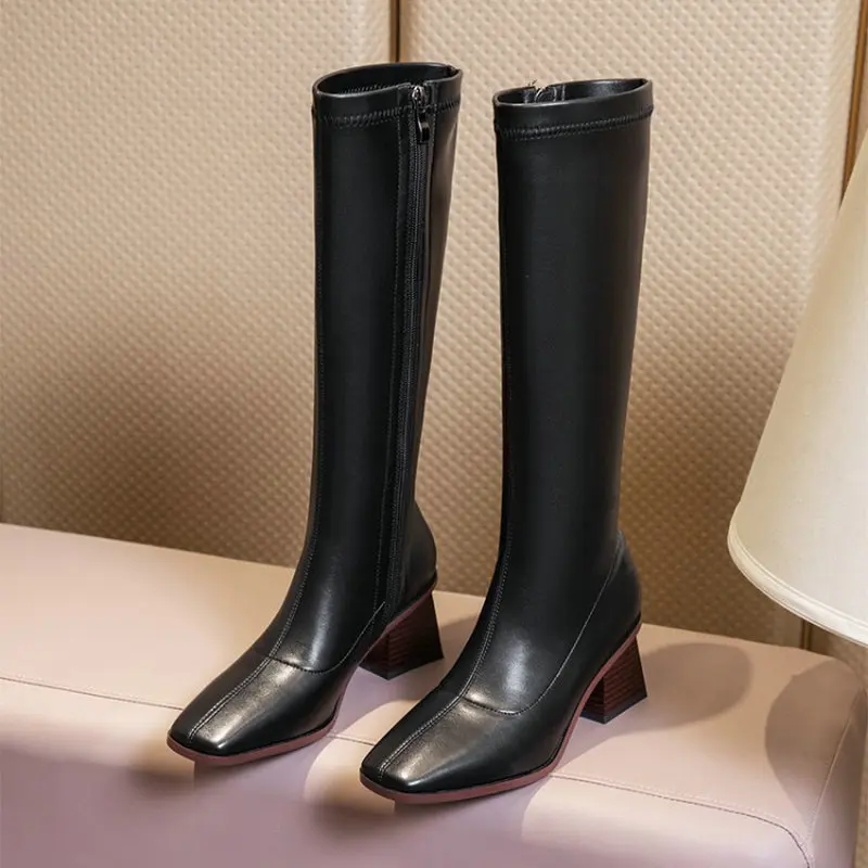 

ZawsThia New Microfiber PU Stretch Womens Boots Chunky High Heels Woman Stylish Riding Boots Knee High Booties Plus Size 34-43