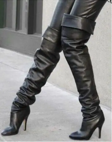 

Black Leather Fold Pleated Thigh High Boots Winter Woman Pointed Toe Stiletto Heels Over The Knee Fashion Lady Long Boots