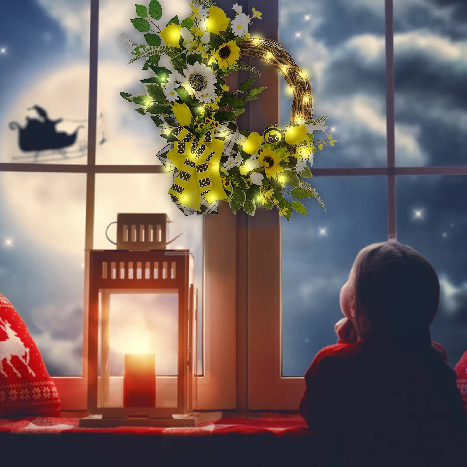 

Home Decor 22in Bee Sunflower Wreath Lights Home Decor For Front Door Wall Window Garden Decoration Decoration Small Gift