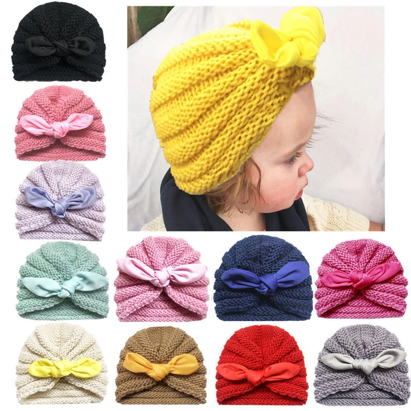 

AA Girls Turban Hat Winter Bow Knot Knitted Newborn Baby Girl Hat Hospital Cap Infant Baby Beanie Cap Candy Color Toddler Hats