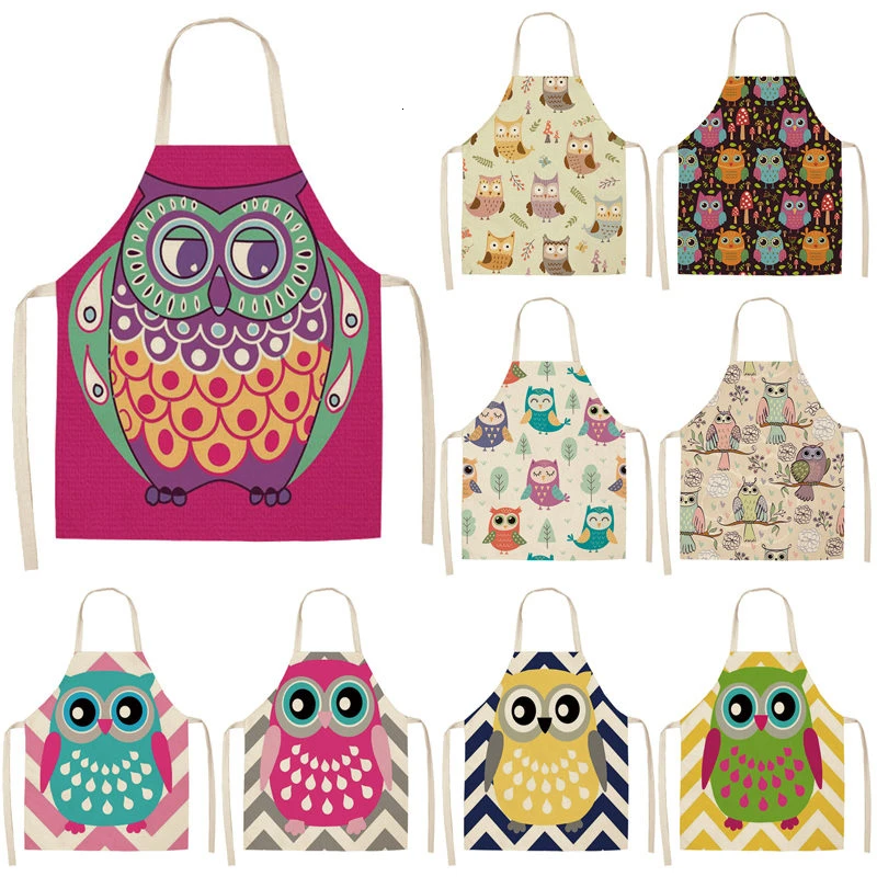 

1Pc Cartoon Owl Printed Kitchen Apron for Woman Sleeveless Cotton Linen Aprons For Cooking Home Cleaning Tools 53*65cm