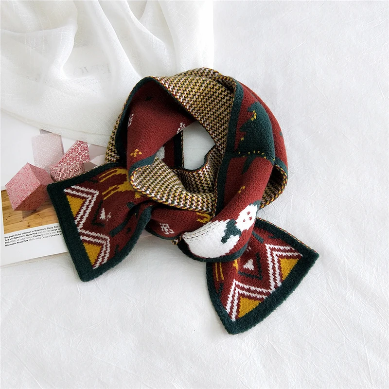 

Christmas Long Shawls Collar Neck Warm Neckerchief Soft Thick Double-sided Scarves 145cm*13cm Cartoon Elk Pattern Knitted Scarf