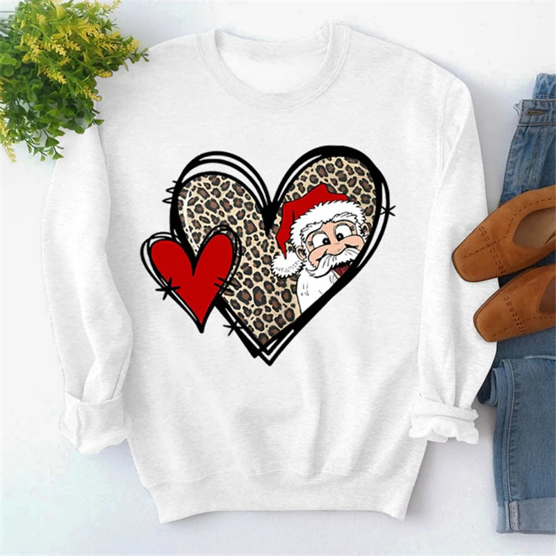 New Winter Women's Long Sleeve Casual Sports Round Neck Sweater Christmas Leopard Print Cute Love Santa Claus Top