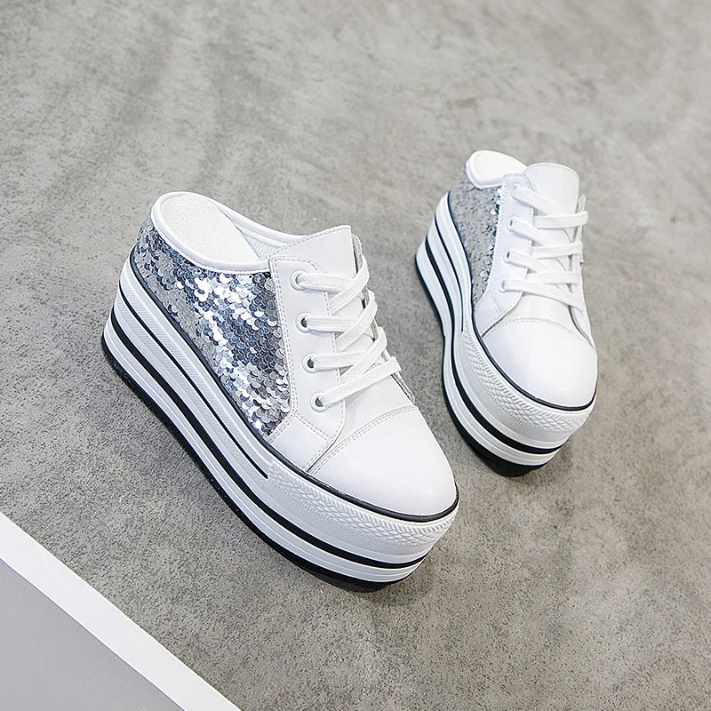 Женская спортивная обувь прогулочная на толстой подошве с блестками Кожаные