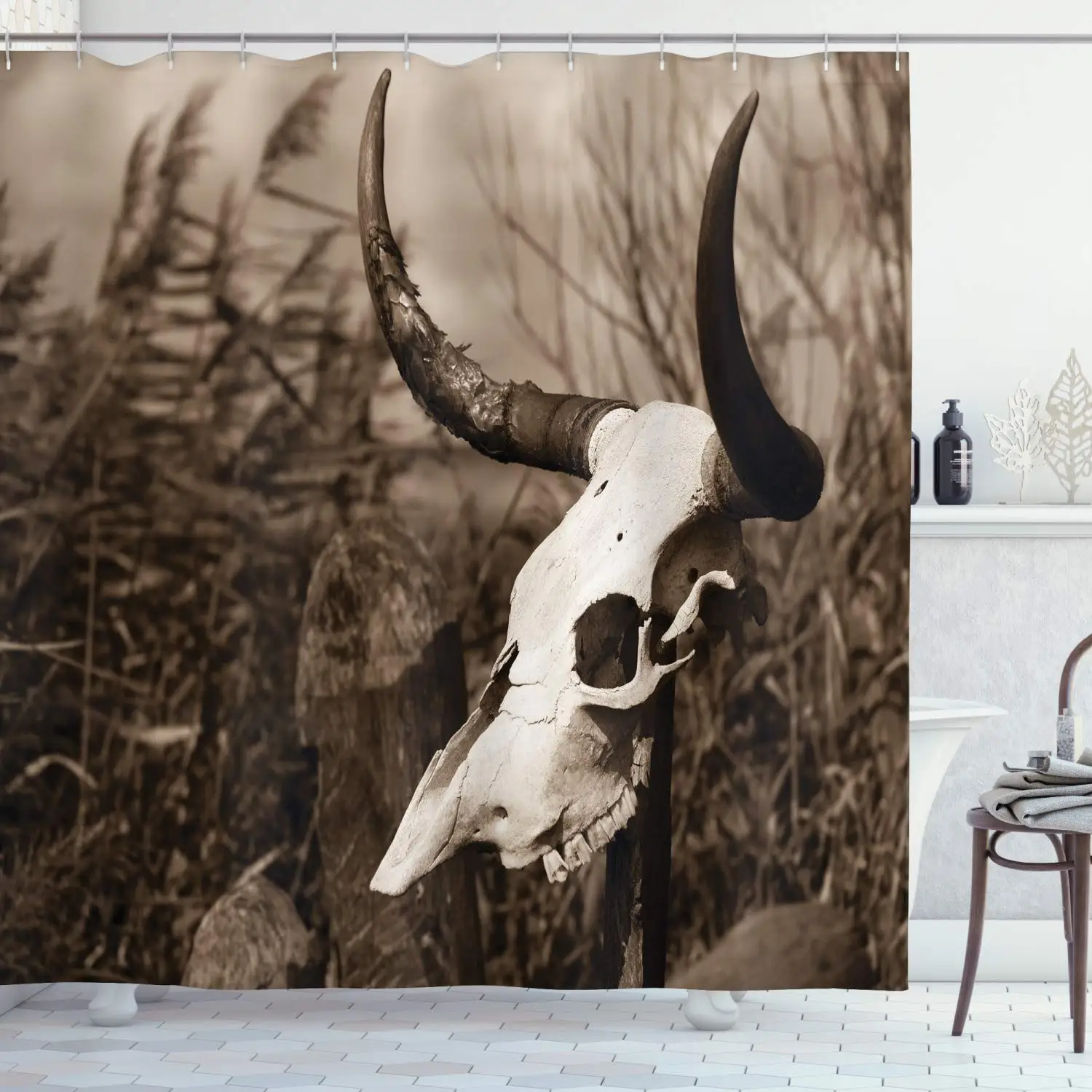 Западной душ Шторы по Ambesonne фото быка черепа на палочке кусты тотем в этническом