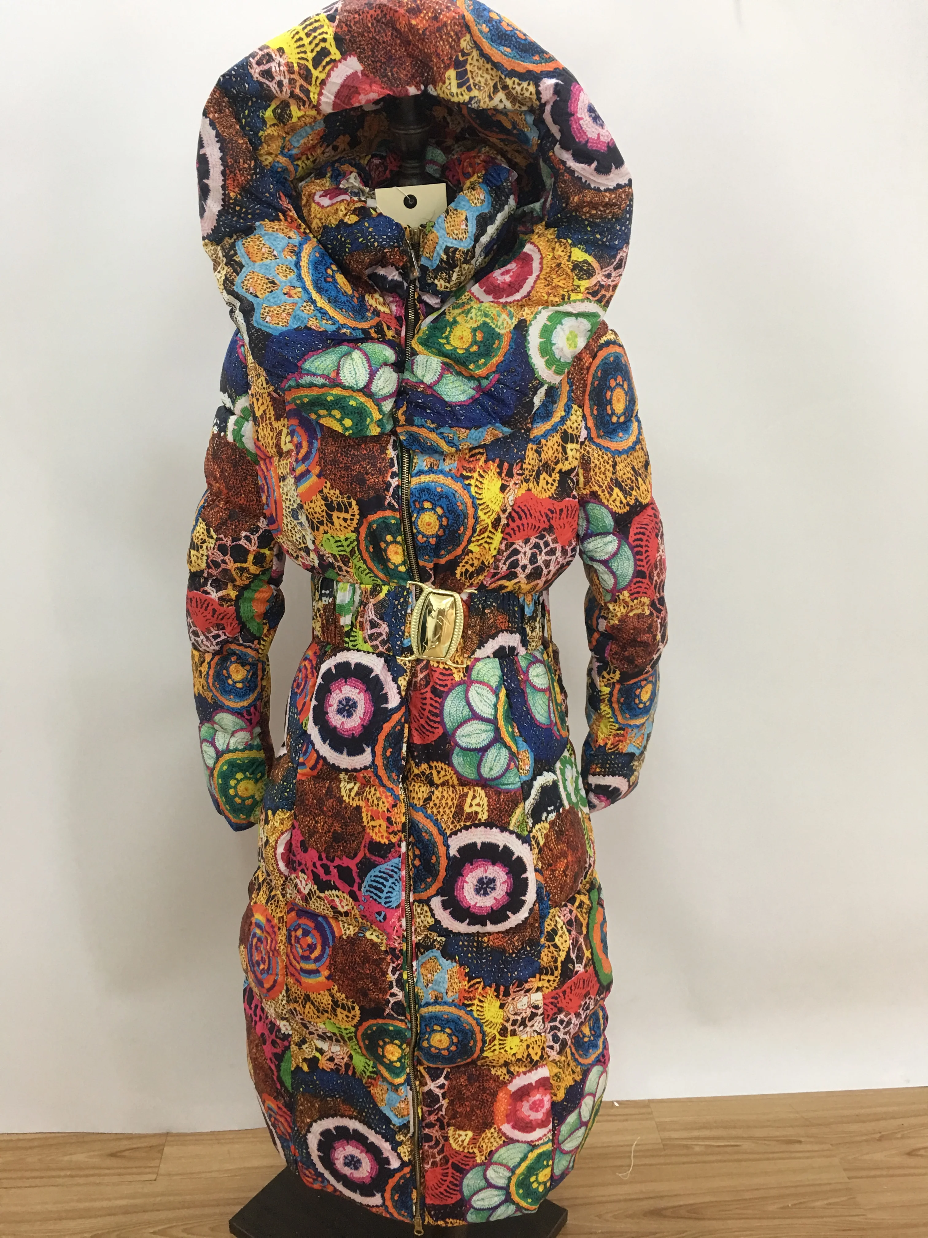 Женская зимняя куртка с капюшоном длинное хлопковое Стеганое пальто принтом |