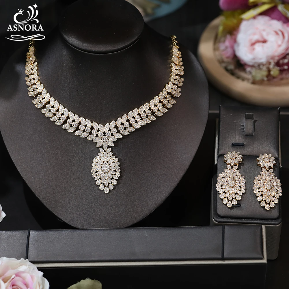 

ASNORA Brand Gorgeous Micro-inlaid Cubic Zirconium Gold and Silver Necklace Crystal Earrings Set Women Bridal Jewelry Gifts