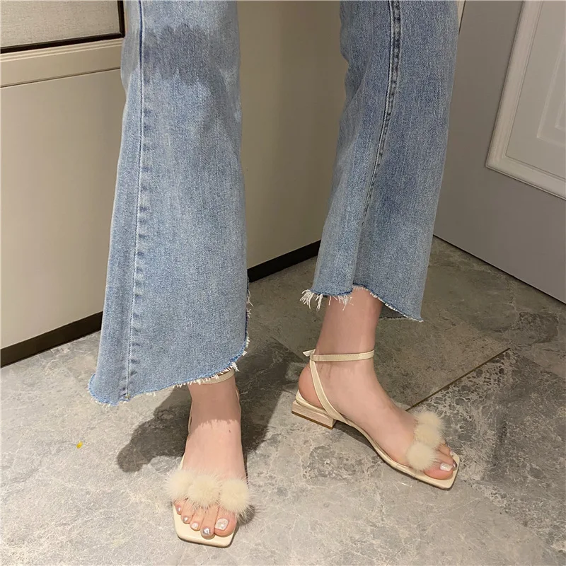 

All-Match Sandals Elastic Band 2021 Women's Block Heels Clear Shoes Med Suit Female Beige Tassel Slip-on Rhinestone New Chunky