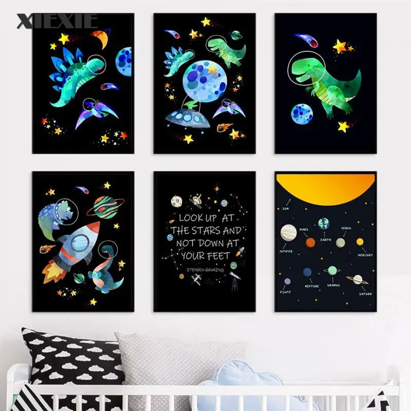 

Planet Spaceship Rocket Dinosaur Quotes Canvas Painting Nursery Wall Art Nordic Posters and Prints Wall Pictures Kids Room Decor