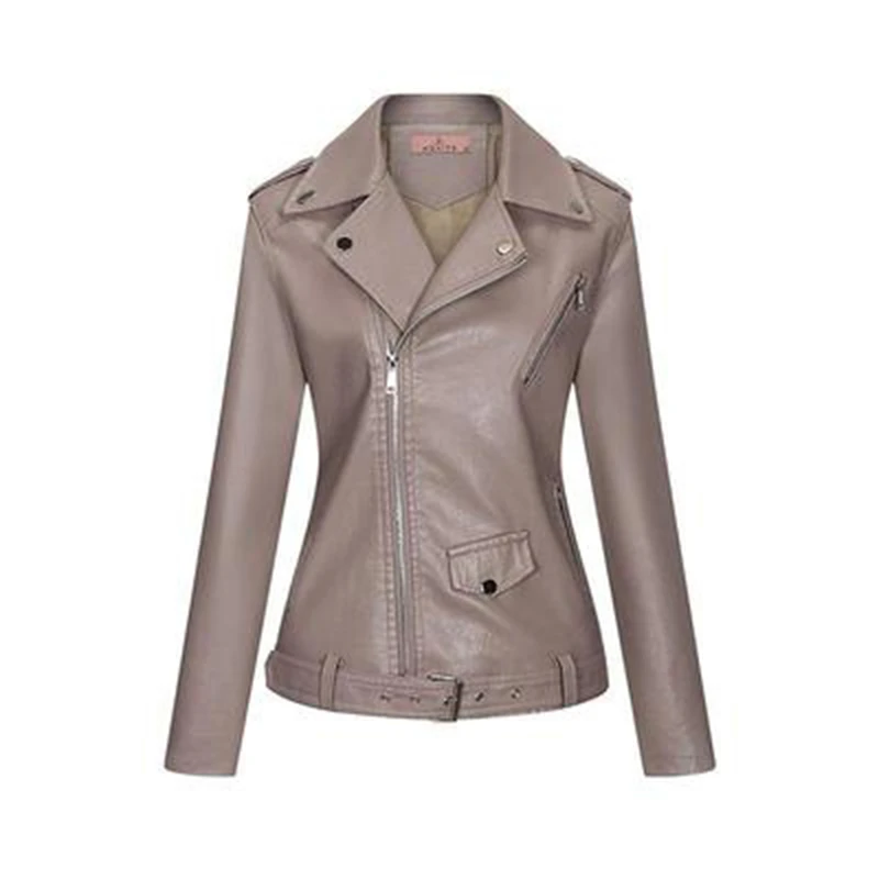 2021 New Spring Autumn Fashion blue Faux Leather Coat Women Lapel Black Khaki Tops Casual Slim PU Leather Jacket N1328