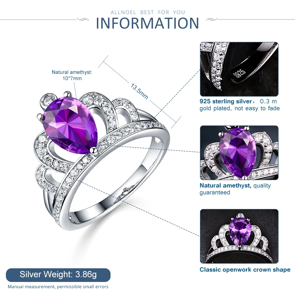 ALLNOEL 925 пробы серебро Женское кольцо в виде короны натуральный аметистовый
