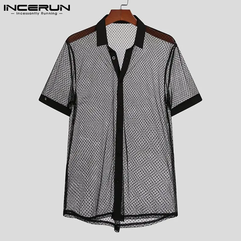 

INCERUN 2021 Men Shirt Polka Dot Mesh See Through Lapel Streetwear Short Sleeve Tops Party Nightclub Sexy Shirts Camisas S-4XL