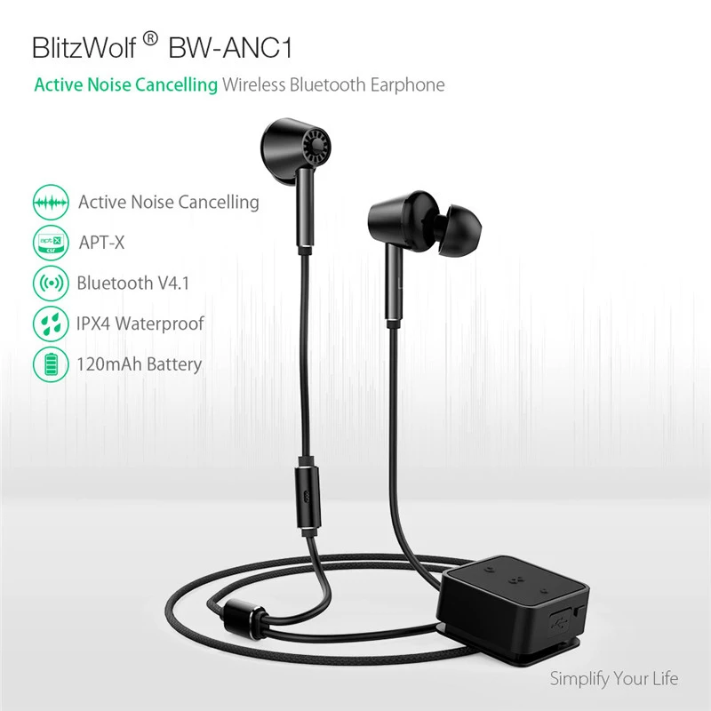 BlitzWolf ANC, беспроводные bluetooth наушники, наушники-вкладыши, гарнитура, активное шумоподавление, Hi-Fi стерео наушники, микрофон для телефона