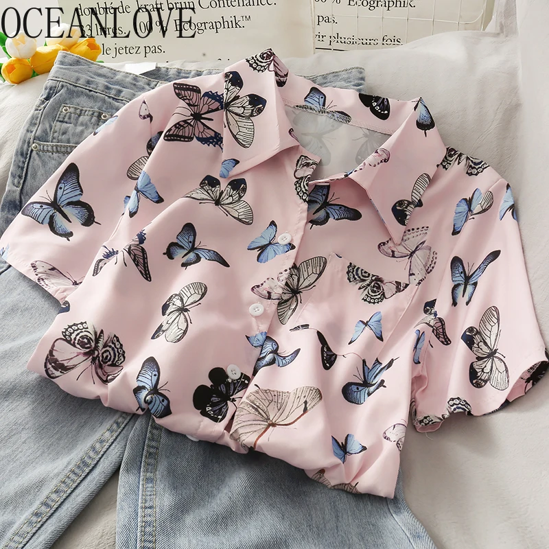 Женская блузка с принтом бабочкой свободная рубашка розового цвета винтажная