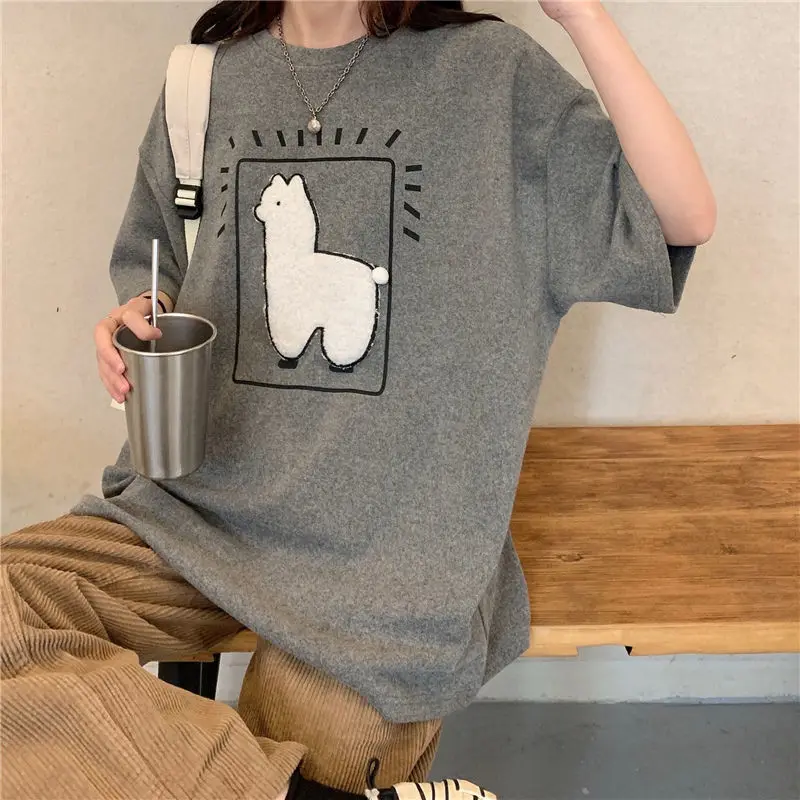 

Women's T-shirt Kawaii Cartoon Alpaca Animal Printed T-shirts Loose O-Neck Short Sleeve T-shirts Summer Clothes for Women