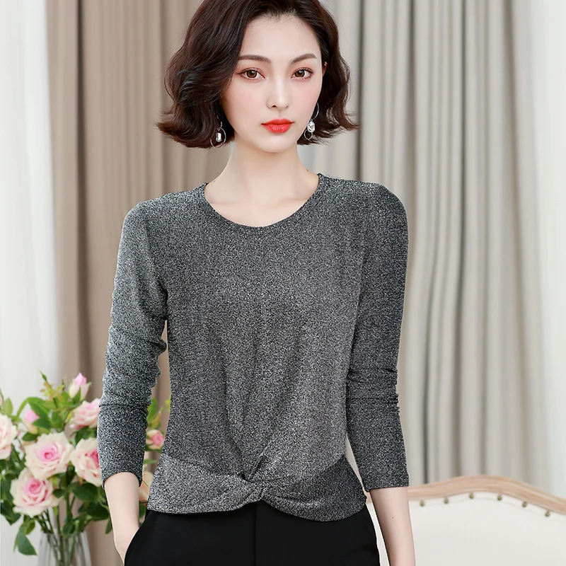 Мода люрекс блузка женские рубашки с длинным рукавом в Корейском стиле блестящие
