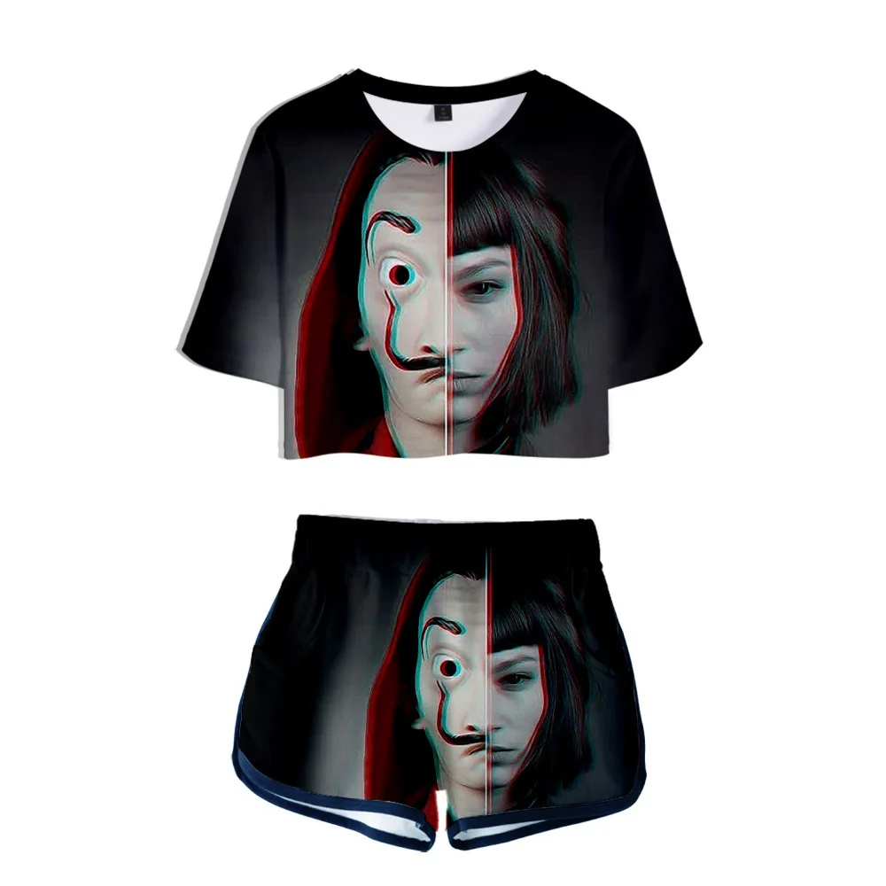 Женский спортивный костюм из двух предметов короткий топ и короткие штаны с 3D