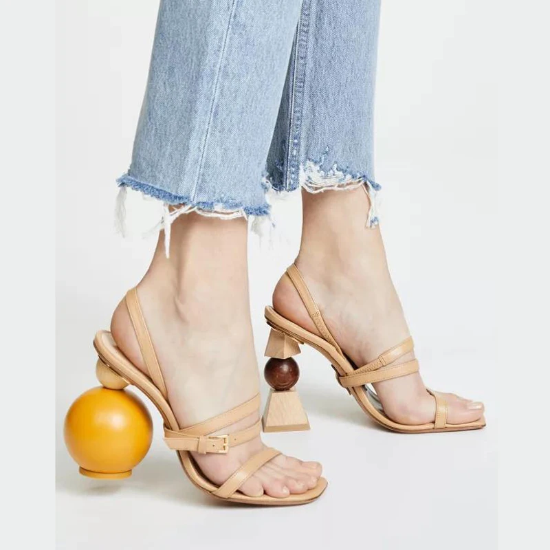 

Women's Asymmetric Building Blocks Strange Heels Peep Toe Sandals Real Leather Shoes B304