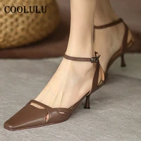coolulu square toe woman shoes natural genuine leather high heels ankle strap stiletto heel dress pumps buckle ladies footwear