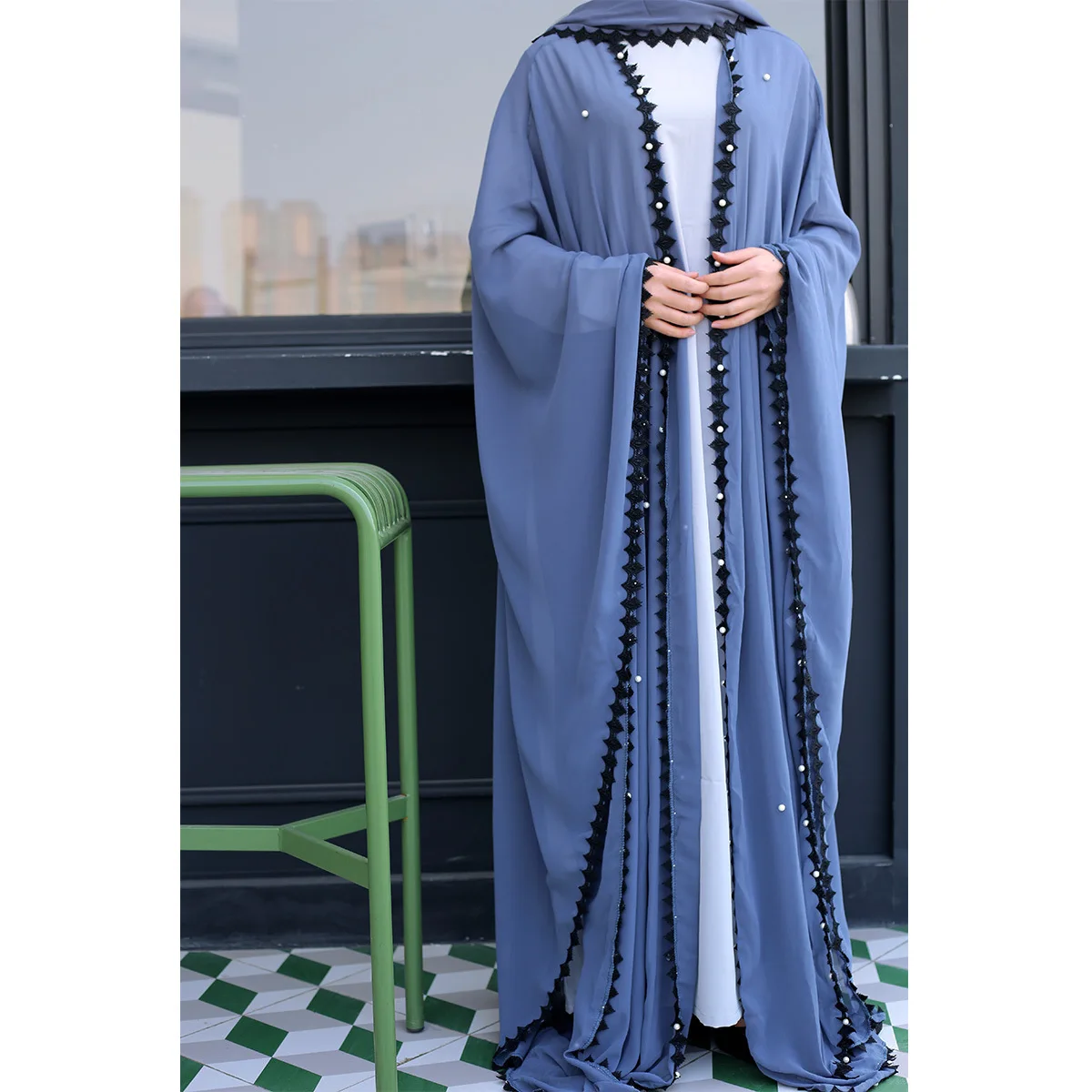 

European And American Muslim Trend Lace Stitching Beaded Loose Lace Long-sleeved Cardigan Robe Female Kaftan Moroccan Abaya