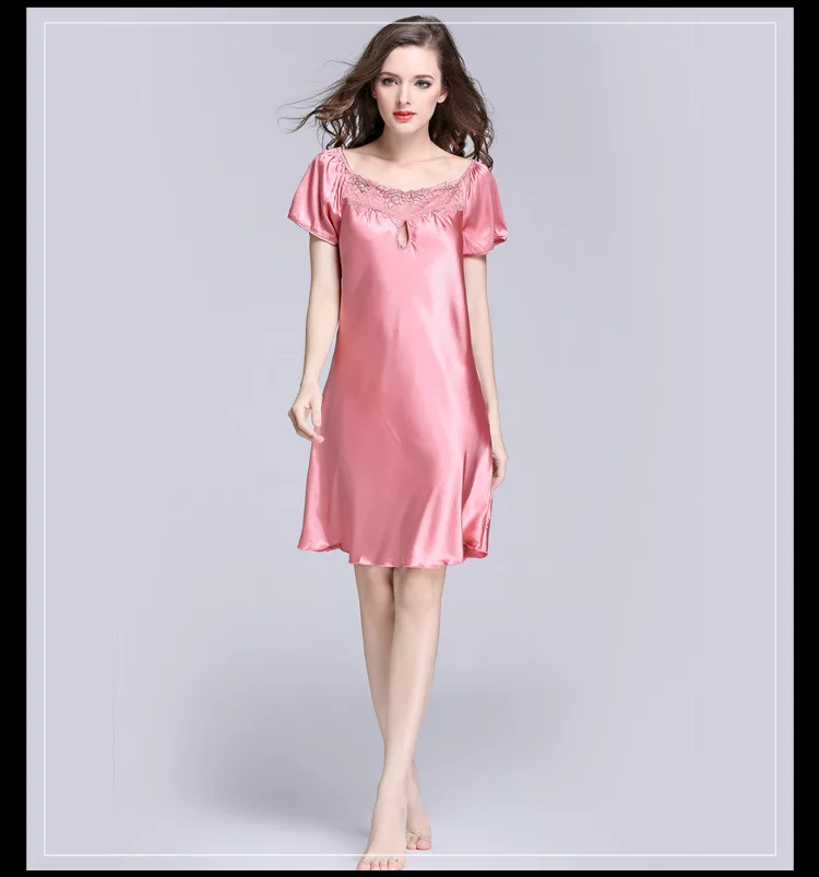 

2021 Hot New Silky Satin Lace Pure Color Nightdress Ladies Summer Sexy Short-sleeved Nightdress Pure Color Home Service