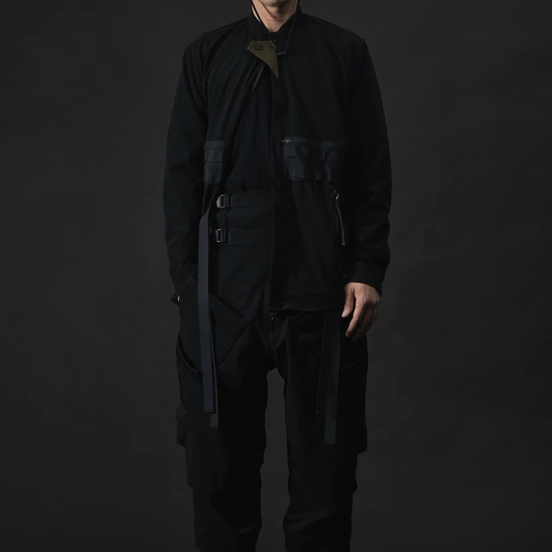 PUPIL TRAVEL Techwear Dark Watcher Men's Black Crewneck Cargo Long Sleeve Shirt Molle Design Hip Hop Style Punk Fashion