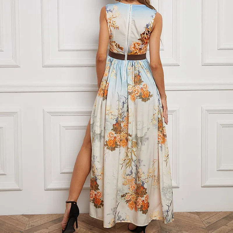 

Floral print night party dress evening frocks Women elegant high waist sleeveless side slit maxi dress Summer sukienka 2021