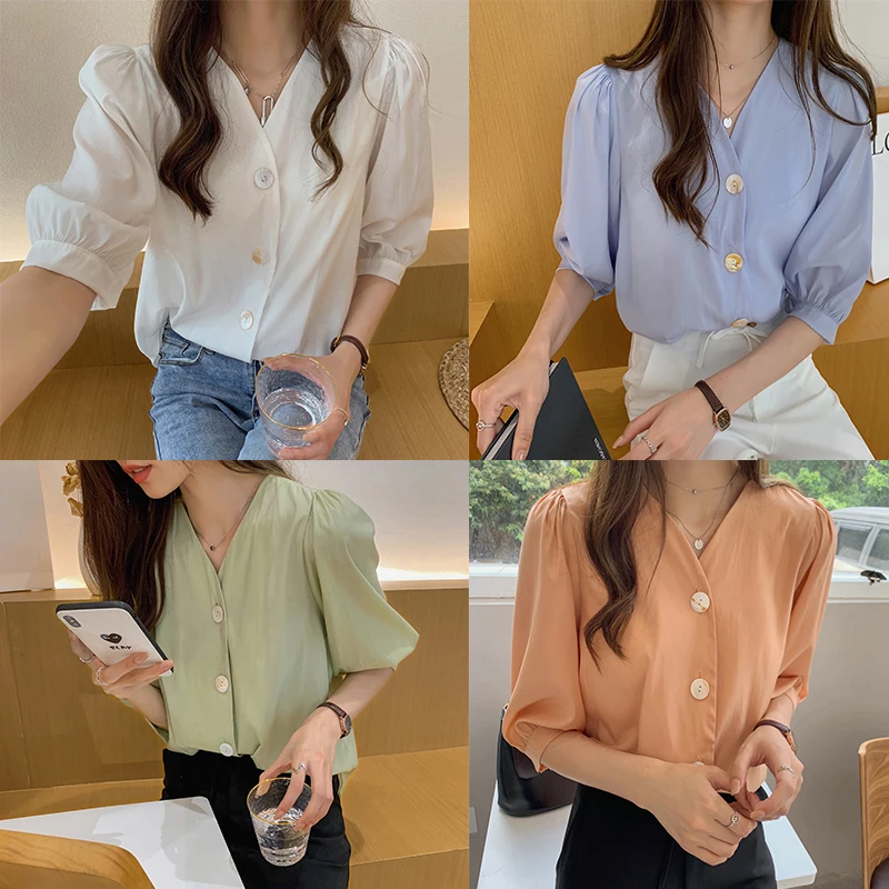 Female shirts womens tops and blouses 2019 ladies short sleeve white button green Three Quarter Chiffon V-Neck Solid 0078 | Женская