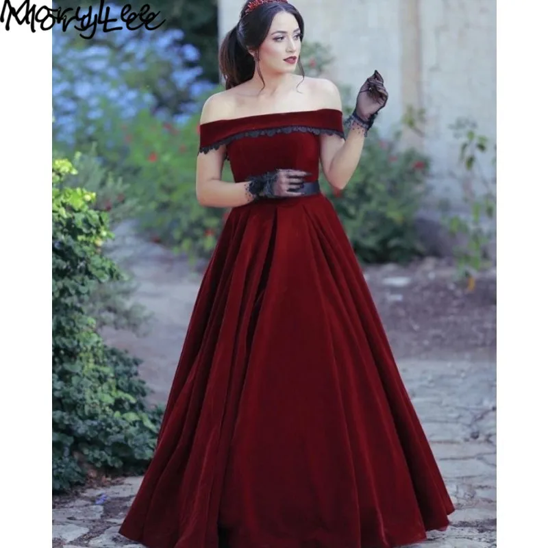 

Prom Dresses Velvet Boat Neck A-Line Floor Length Pleated Burgundy Prom Dresses With Zipper Back vestidos de fiesta de noche