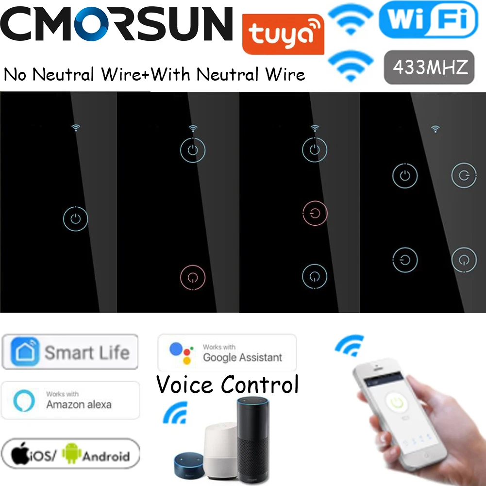 

Black WiFi Smart Switch RF433 Smart life/Tuya Control, Work with Alexa Google home No Neutral Wire/With Newtral Wire Optional US