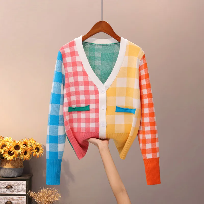 

Women's Color Plaid Cardigan Sweater Autumn V-neck Long Sleeve Knitwear Ladies Loose Colorblock Buttons Knit Sweater Jacket Y433