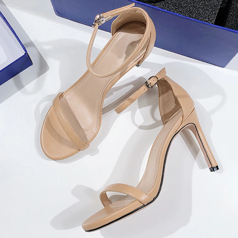 2019 Nudist Sandals Women Open Toe One Narrow Band Ankle Strap Black Red Real Leather High Heel Shoes Woman Sexy Party | Женская обувь