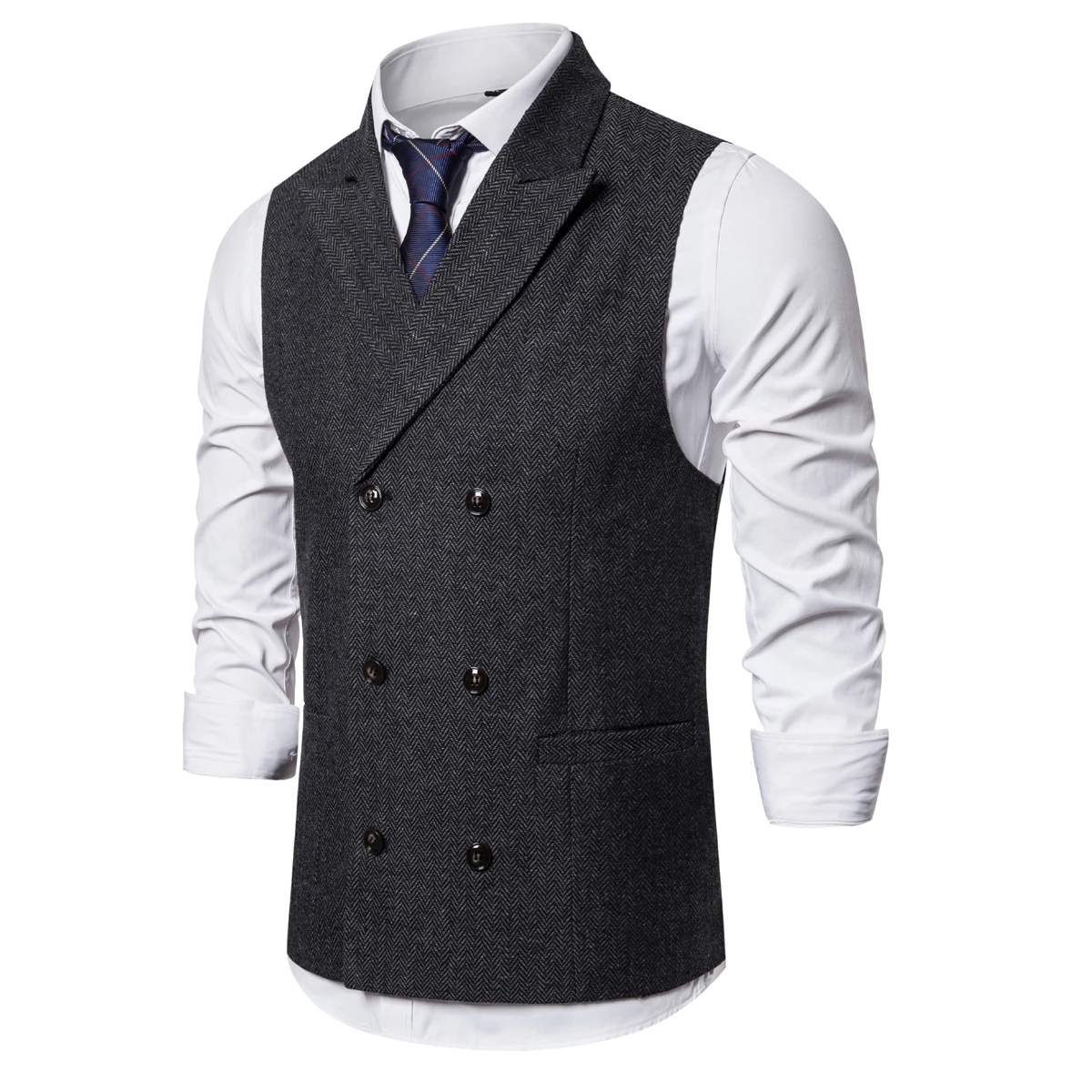 Brand Men's Waistcoat Fashion Retro Tweed Vests Classic Sleeveless Plaid Suit Vest British Style Double Breasted Gilet