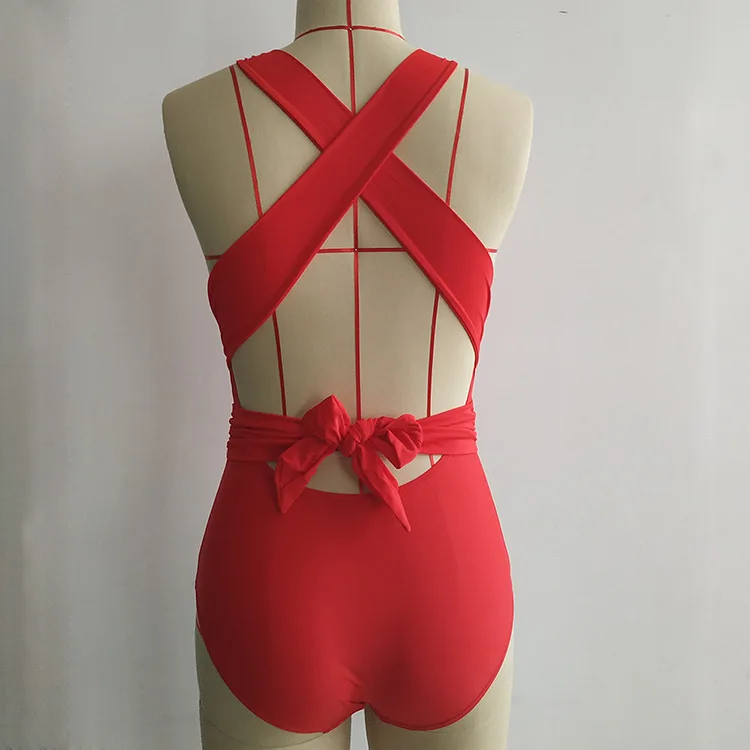 

2021 Bow Bandage Deep V Neckline Backless One Piece Swimsuit Women