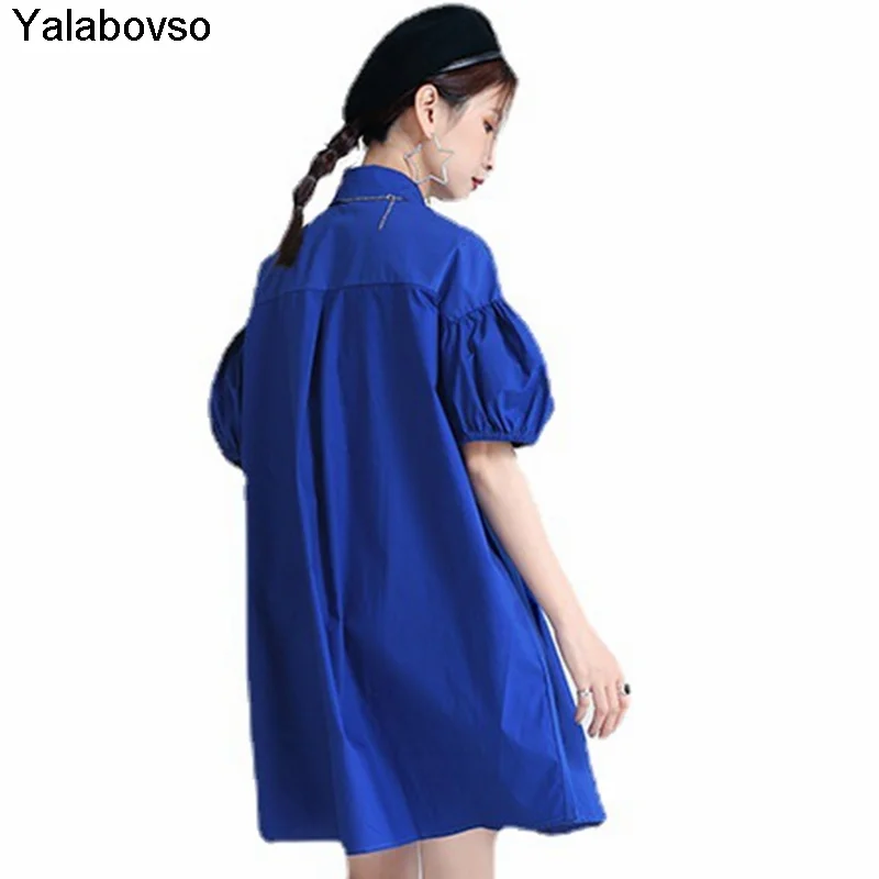 

2021 Summer New Trend Blue Skirt Slim Button Short Bubble Sleeve Dresses For Women Solid Color Single Breasted Yalabovso