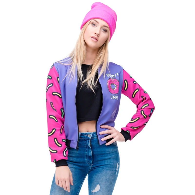 Осенне-зимняя женская куртка-бомбер с 3D принтом пончиков верхняя одежда длинным